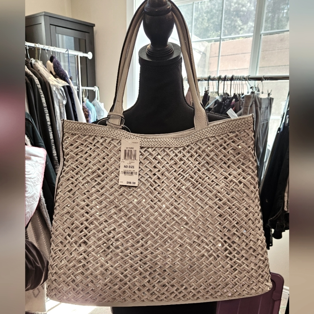 New Style & Co Woven Textured Tote Bag - Gray With Sequins
